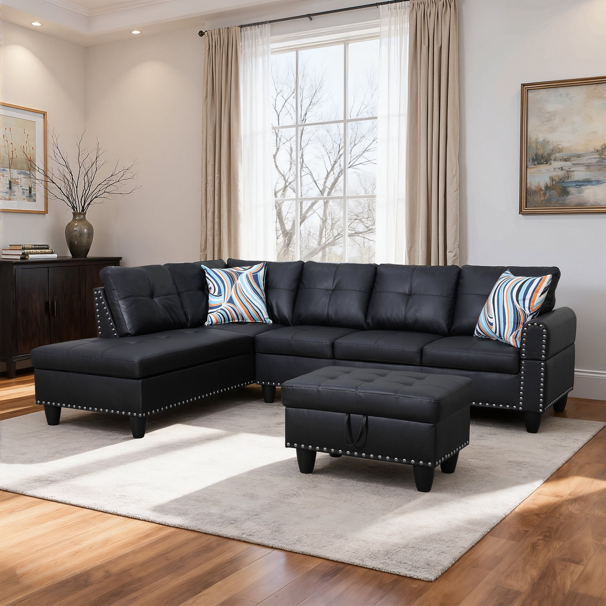 MAYEERTY 97.5" Faux Leather Sectional Sofa, 3-Piece Modular Couch Sofa Set with Ottoman, Black (Left)