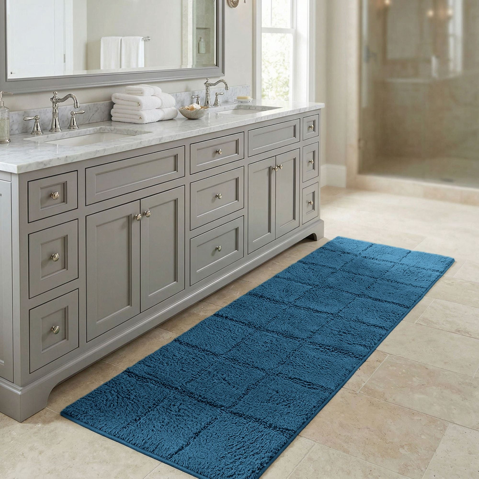 Superior Checkered Cotton Washable Non-Slip Bath Rug, Runner Size, Sapphire