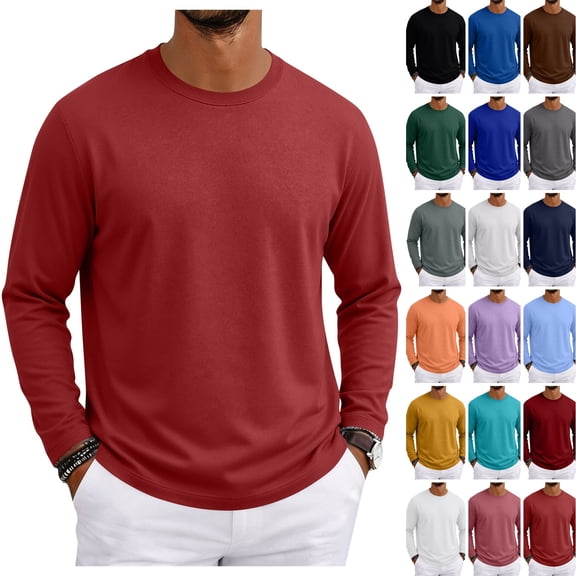 WULMLEO Mens Shirts Basic Long Sleeve Crew Neck Loose Fit Basic Layering Top 2026 Soft Breathable Ribbed Neckline Tees Casual Comfy T-shirts Red S