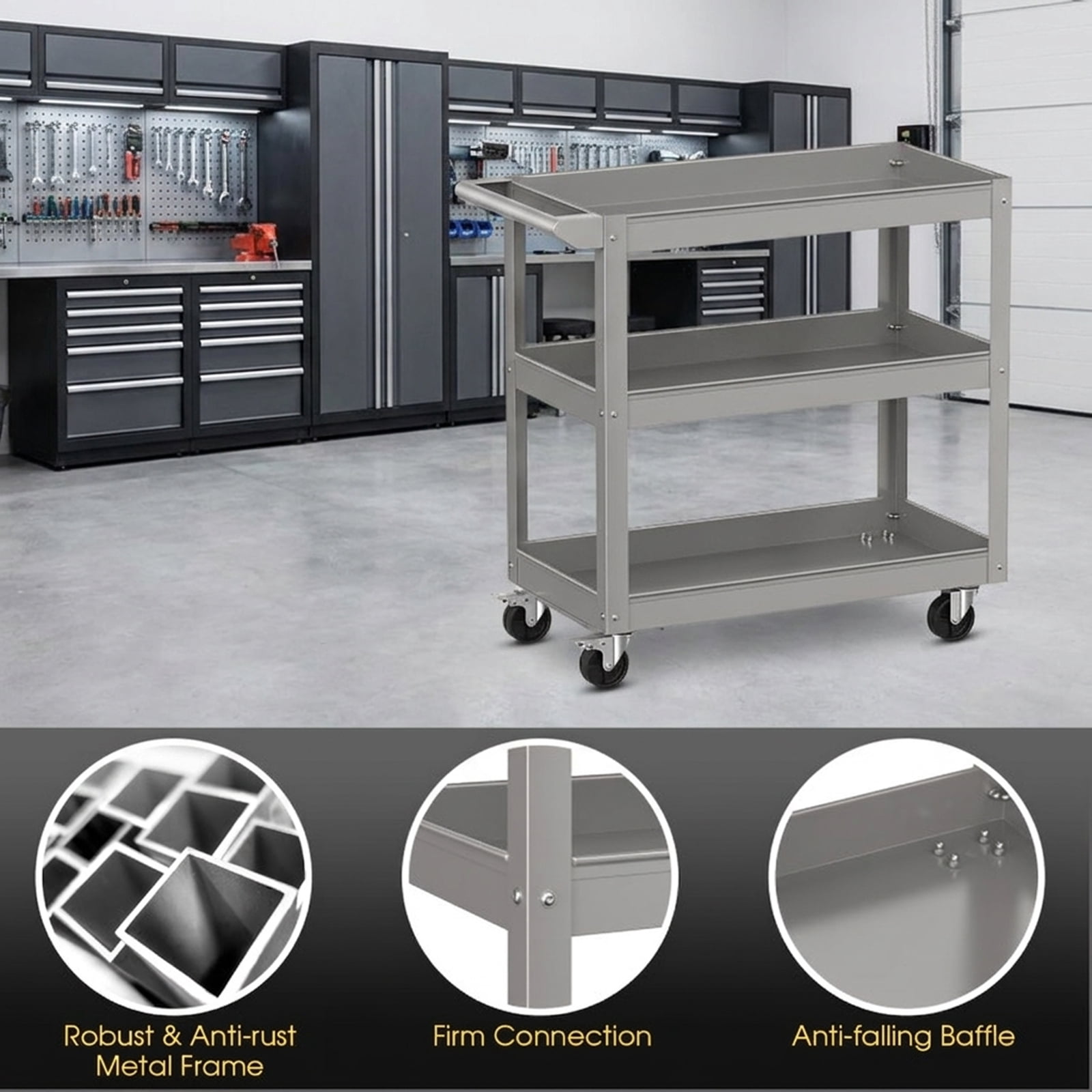 Biotree 3-Tier Metal Utility Cart Tool Trolley Flat Handle 2 Lockable Wheels 400 lbs - Gray