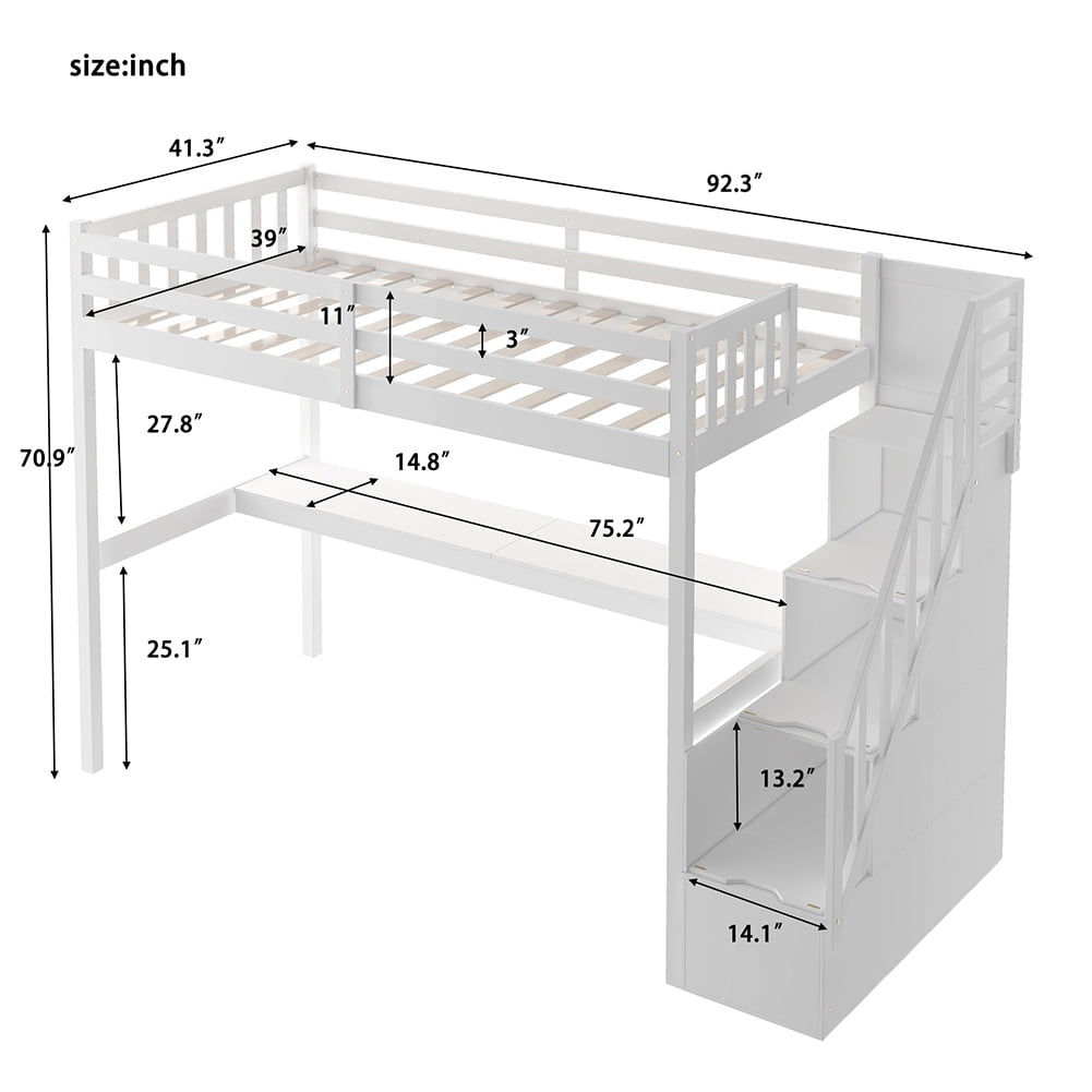 Kadyn Wooden Loft Bed with Storage Stairs, Under-bed Desk and Gaming Area, Twin, White Kadyn Wooden Loft Bed with Storage Stairs, Under-bed Desk and Gaming Area, Twin, White