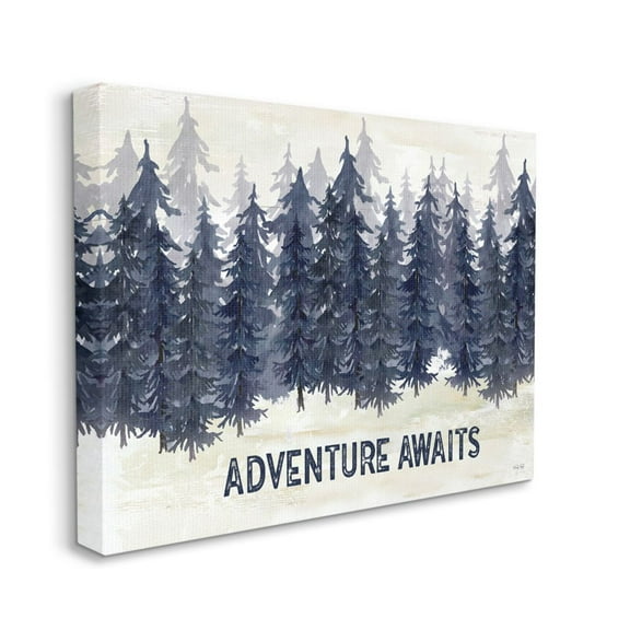 Stupell Industries Adventure Awaits Quote Blue Pine Tree Forest Scene Landscape Painting Gallery Wrapped Canvas Art Print Wall Art, 24 x 30
