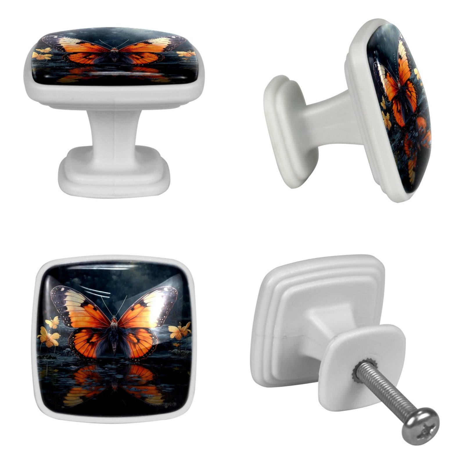 HemaKayy 4 Pack 1.18" Decorative Cabinet Knobs - Add a Magical Glow to Your Cabinets - Durable & Stylish Drawer Handles - Perfect for Home, Kitchen, Bedroom Decor - Orange Butterfly Water Reflect