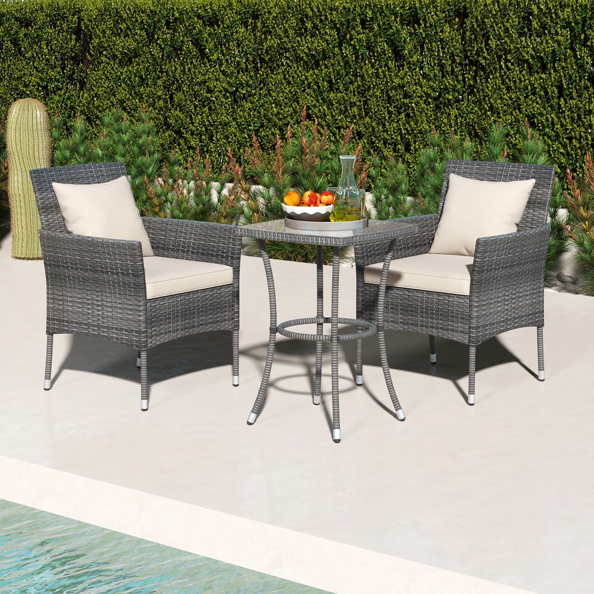 Gymax 3-Piece Patio Furniture Set PE Wicker Conversation Bistro Set w/ A Tempered Glass Table