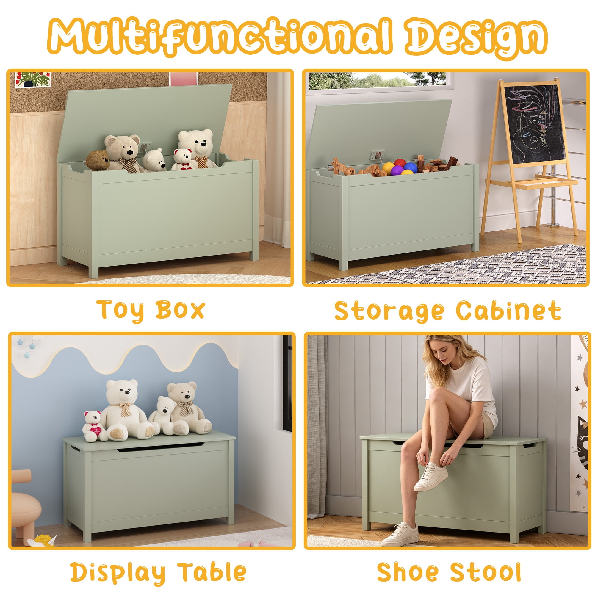 Leumius Kids Wooden Toy Box Storage Organizer with Safety Hinged Lid,Modern Toy Chest for Nursery,Playroom,Sage