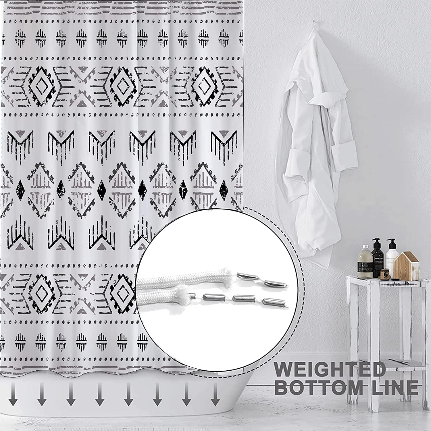 Black White Boho Shower Curtain Set, Modern Farmhouse Geometric Shower Curtain, Bohemian Tribal Chic Shower Curtain for Bathroom Decor with 12 Hooks 72x72in,Water Repellent