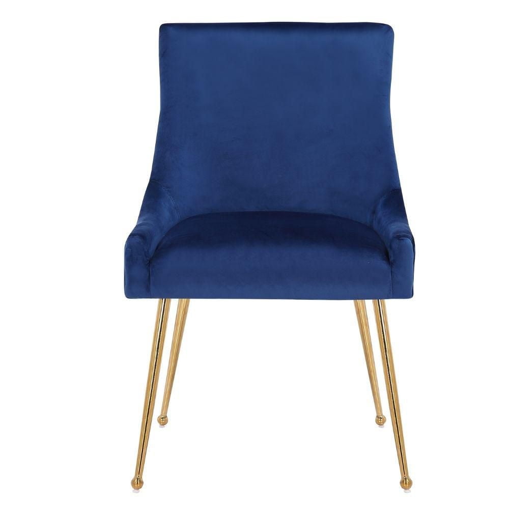 Haya Velvet Dining Chair in Blue with Metal Gold Legs, Side Dining Chair, Armless Chair Set 2