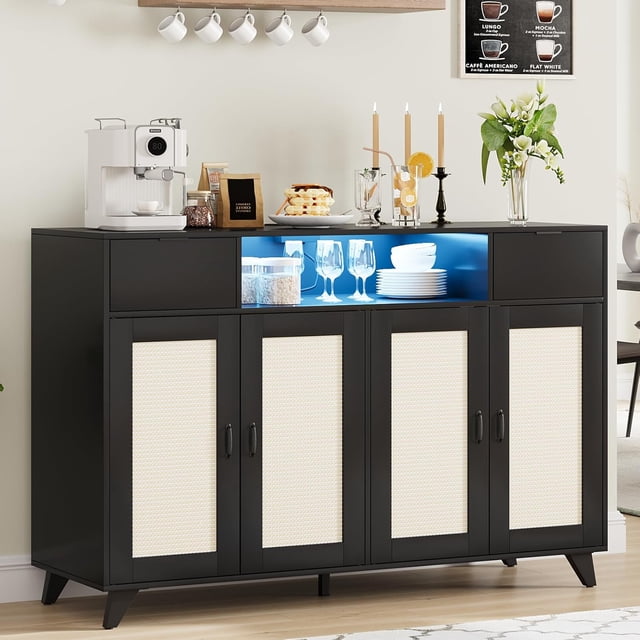 Sideboard Buffet Cabinet, 4 Rattan Doors 2 Drawers Accent Storage Cabinet, Console Table Coffee Bar w/Power Outlet & LED Light, Adjustable Shelves for Dining Living Room, Hallway