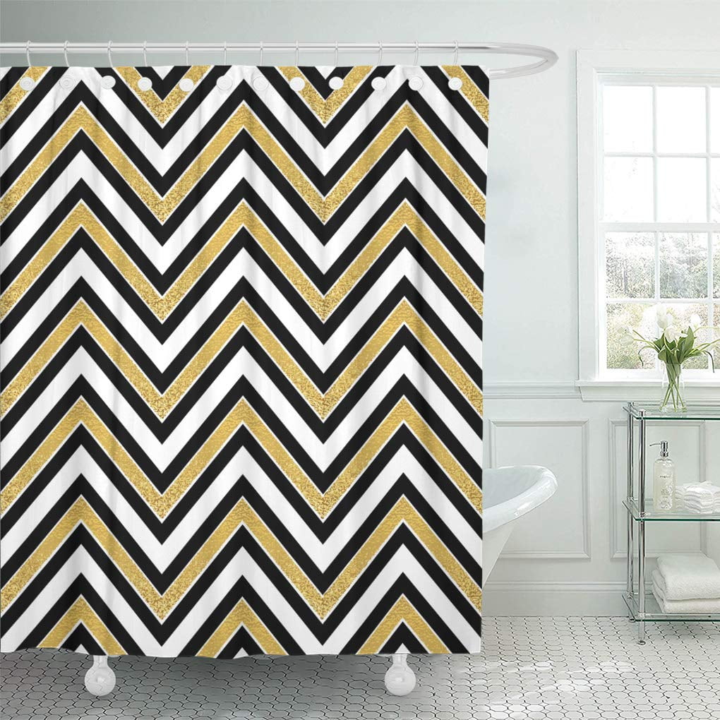 Cynlon Christmas Black Gold Pattern In Zigzag Classic Chevron White Bathroom Decor Bath Shower Curtain 60x72 Inch Walmart Com Walmart Com