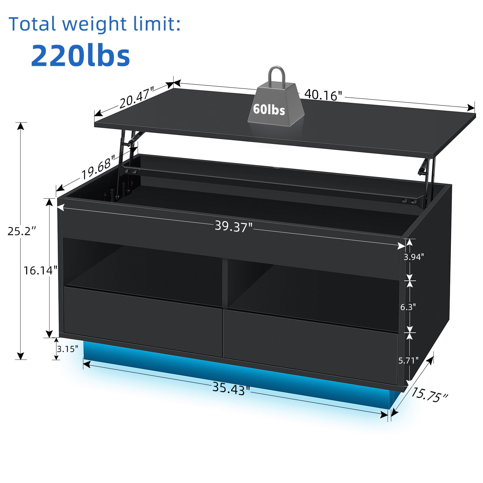 Hommpa Lift Top Coffee Table with LED Light 4 Tier Modern Center Tables with 2 Storage Drawers Hidden Compartment Open Shelves for Living Dining Room