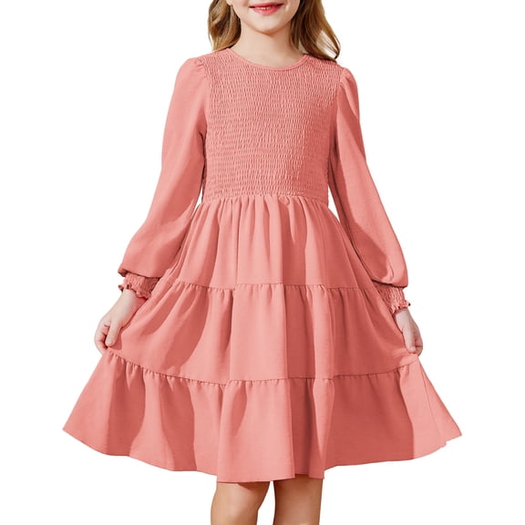 Arshiner Girls Dress Fall Boho Long Sleeve Shirred Smocked Tiered Party Dresses with Pockets