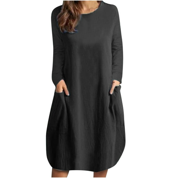 gakvbuo Fall Dresses For Women 2023 Plus Size Mini Dress Long Sleeve Casual Round Neck Long Sleeve Cotton Linen Mid-Calf Dress Pocket Solid Dresses