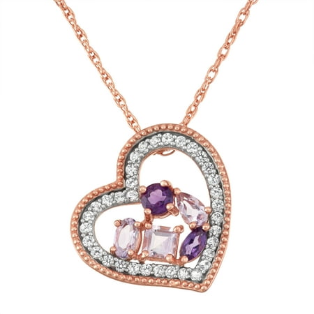 Amethyst, Pink Amethyst and Created White Sapphire 18kt Rose Gold over Sterling Silver Heart Pendant, 18