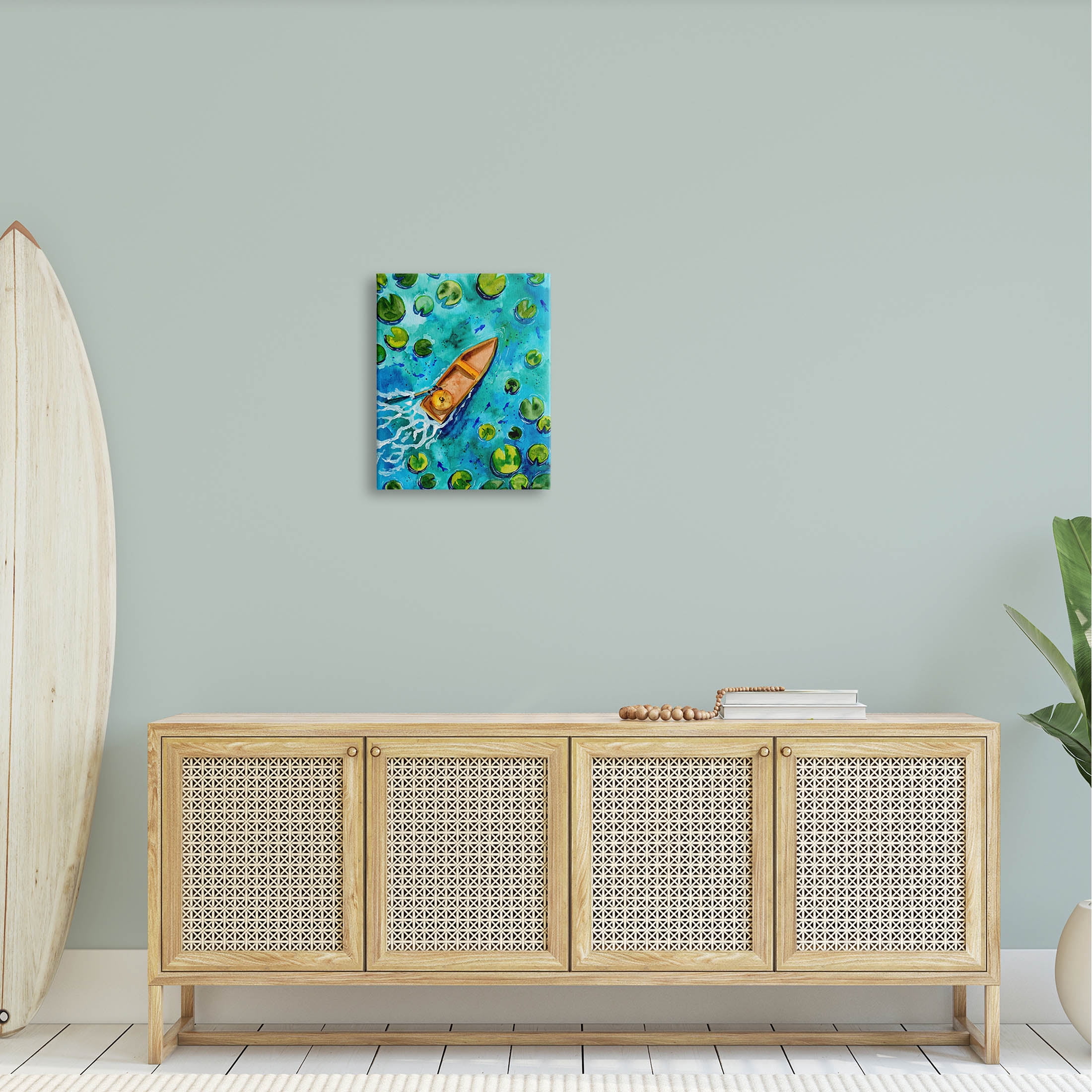 Pond Lilies Lake Boat Splash Transportation Painting Gallery Wrapped Canvas Print Wall Art