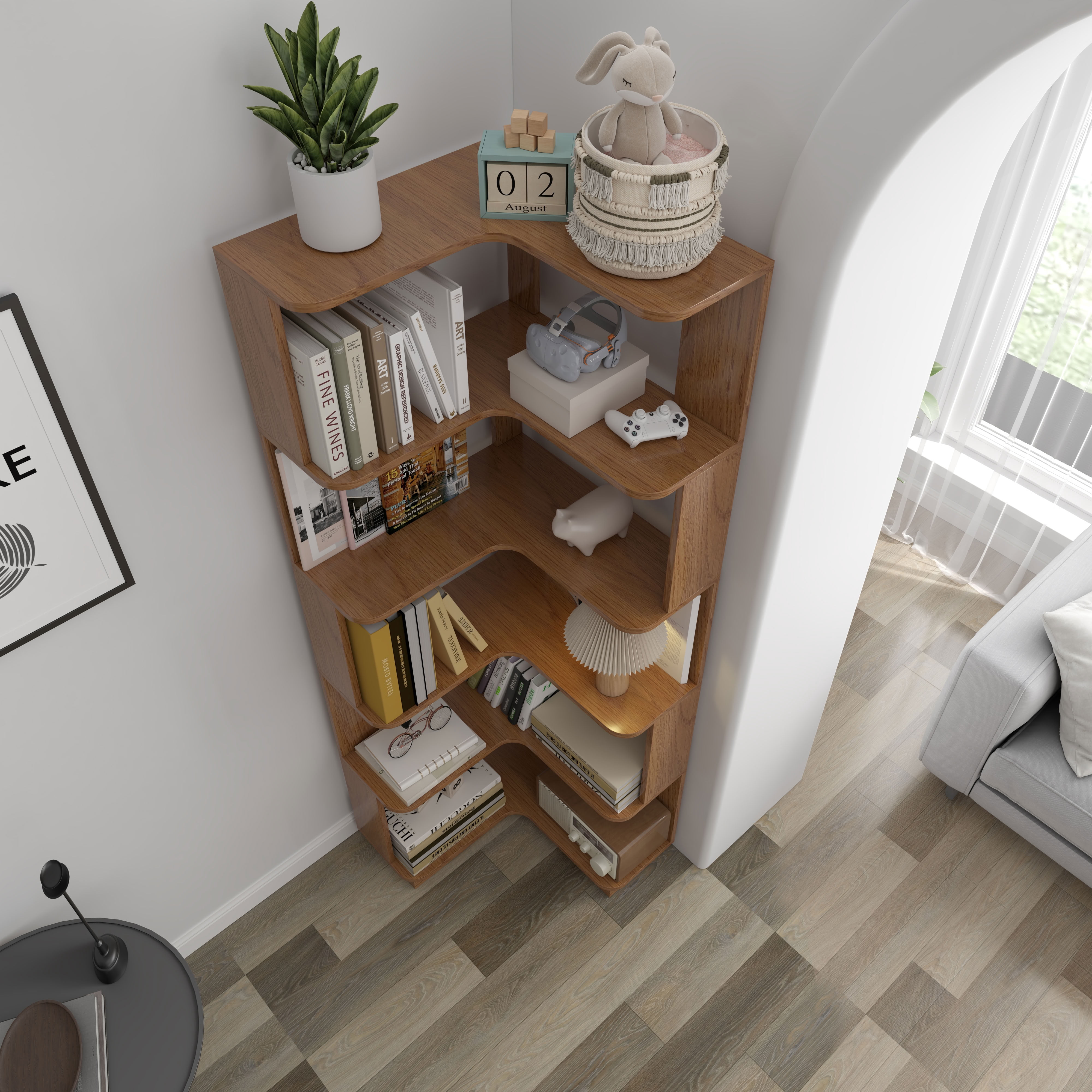 MAYEERTY 6 Tier L-Shaped Open Corner Bookshelf, Freestanding Wooden Bookcase with Anti-Fall Baffle & Anti-Tipping Device, for Living Room Bedroom Home Office Small Spaces