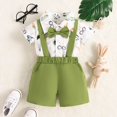 thumbnail image 2 of Baby Boy Easter Outfit Easter Set for Baby Toddler Boys Cartoon Rabbit Print Short Sleeved Collared Jumpsuit Suspenders Overalls My First Easter Green 6 Months-12 Months, 2 of 7