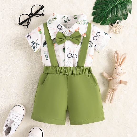 RTKFRFLM Toddler Boys Easter Gentleman Suit, Cartoon Bunny Print Short Sleeve Lapel Romper with Suspenders Pants 2-Piece Set, Stylish Holiday Festive Dressy Outfit for Baby Boys