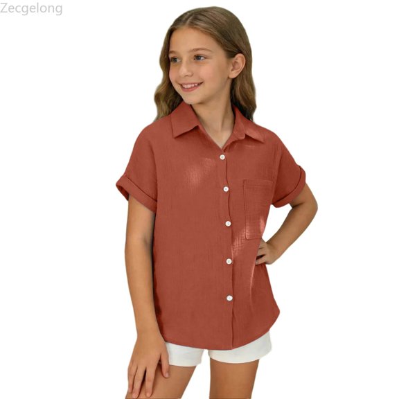 Zecgelong Classic Solid Color Short Sleeve Shirt For Girls Comfortable Casual Blouse Youth Fashion Top Soft Breathable Fabric Girls Summer Button Down Shirts Size for Girl 9-10 Years