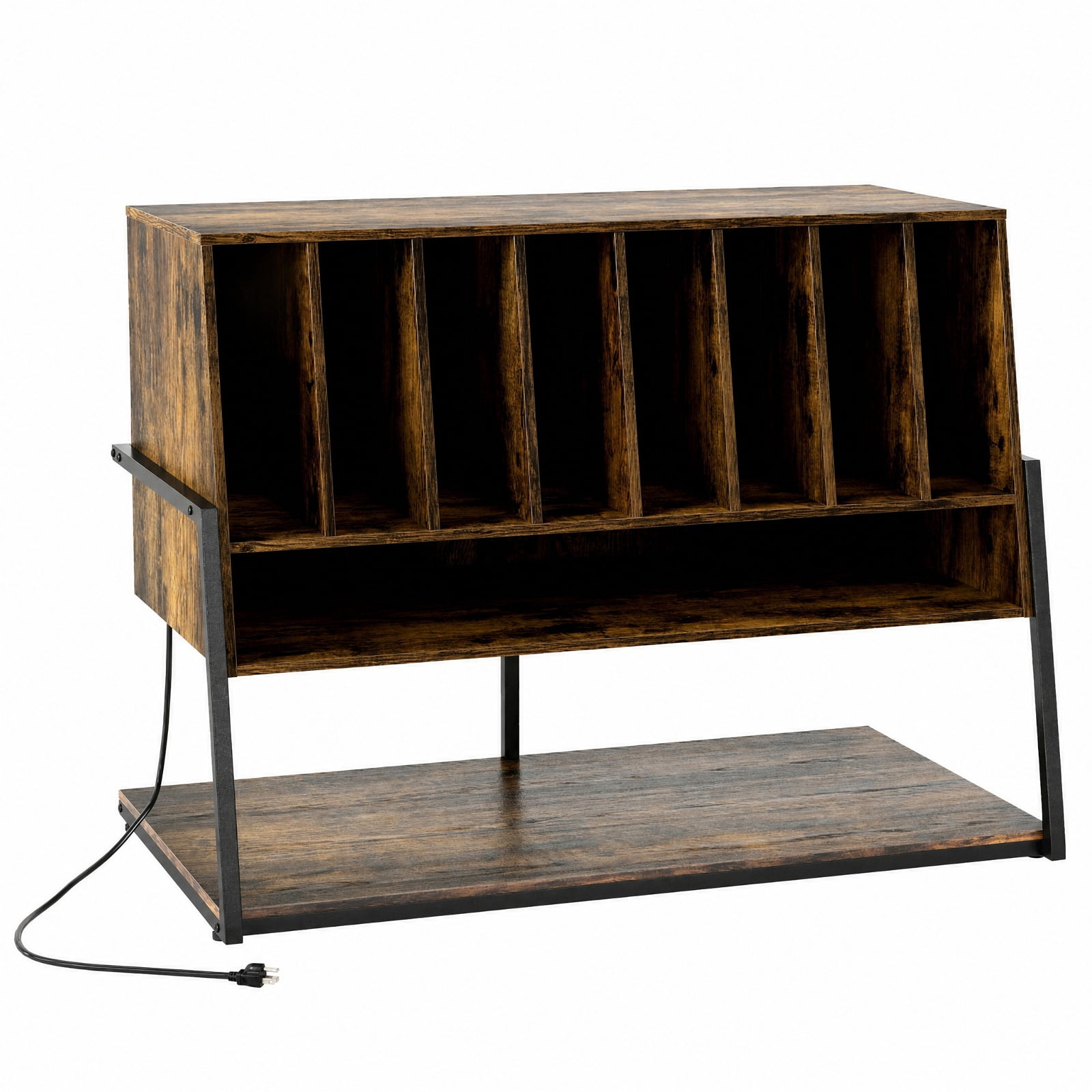Furnibear Turntable Stand with Charging Station Vinyl Storage Shelves and Locking Wheels for Living Room Record Player Setup, Rustic Brown