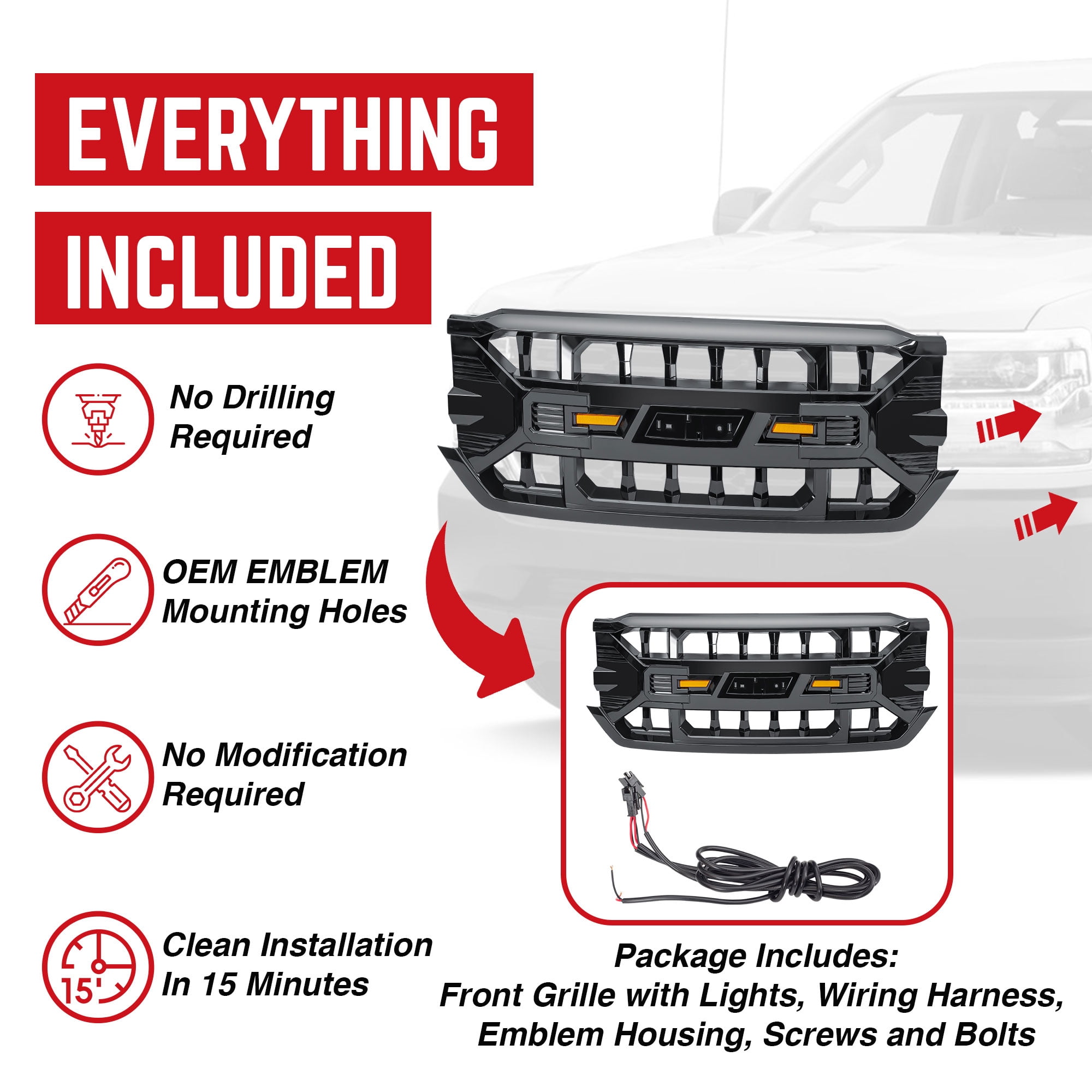 AMERICAN MODIFIED Armor Grille for 16-19 Chevy Silverado 1500, Glossy Black