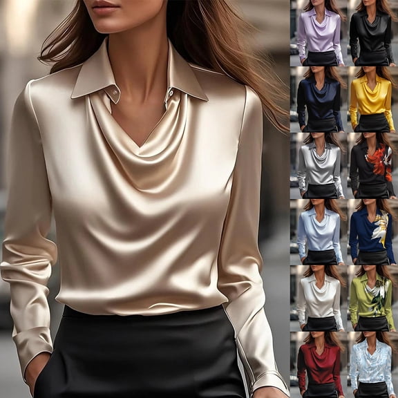 Women Elegant Cowl Neck Satin Blouse Long Sleeve Work Shirt Top