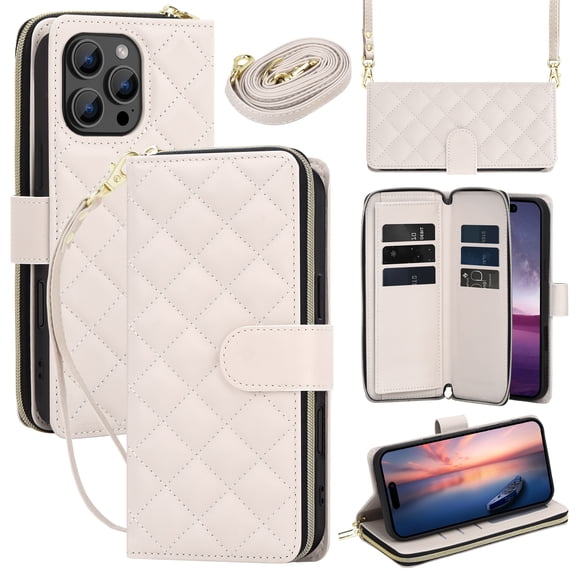 for iPhone 16 Pro Max Wallet Case for Women Girls, PU Leather TPU, Zipper Pocket Card Slots Kickstand Magnetic Clasp Crossbody & Wrist Strap Full Body Shockproof Heavy Duty Phone Cover, Beige