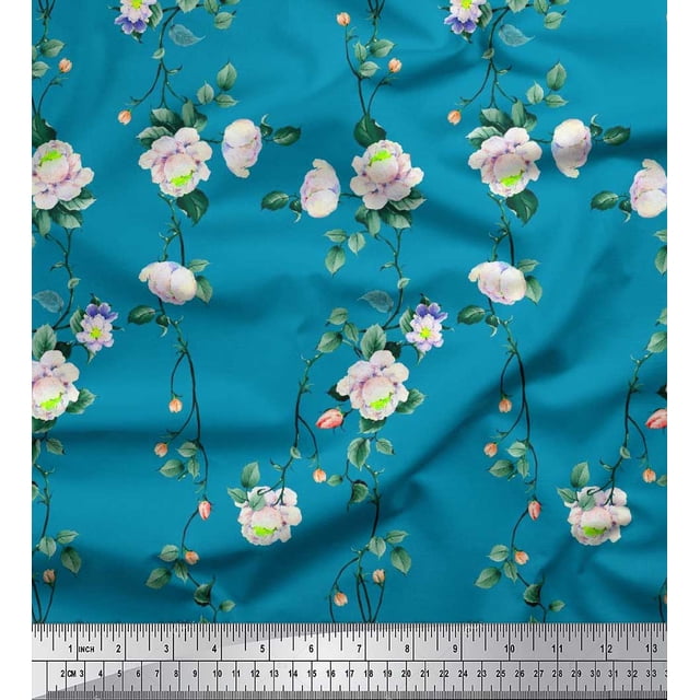 Soimoi Polyester Crepe Fabric Leaves & Peony Floral Print Fabric by Yard 42 Inch Wide