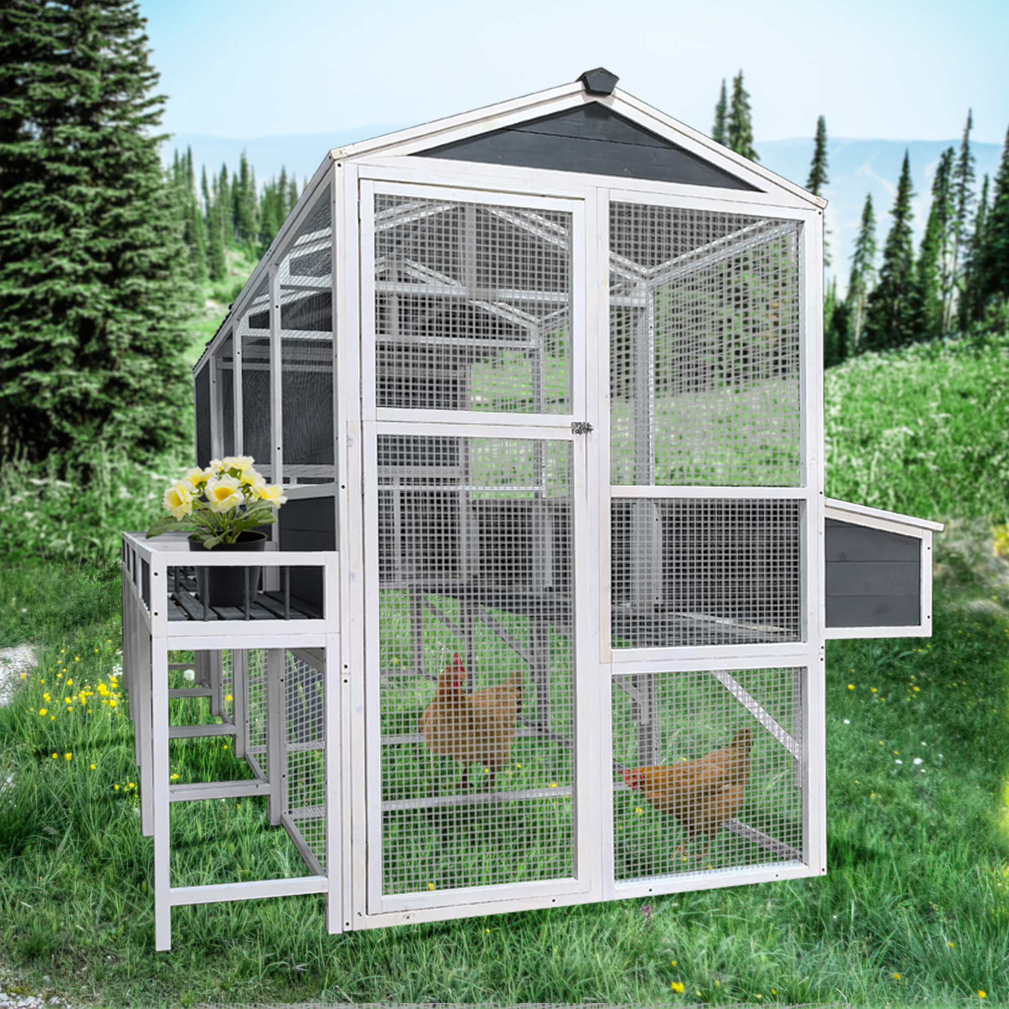 Chicken Coop with Chicken Run, Chicken Coops for 10 Chickens Outdoor with Nesting Boxes , Wooden Walk-in Chicken House with Pull Out Trays , Garden Backyard Cage (95''X80''X83'')