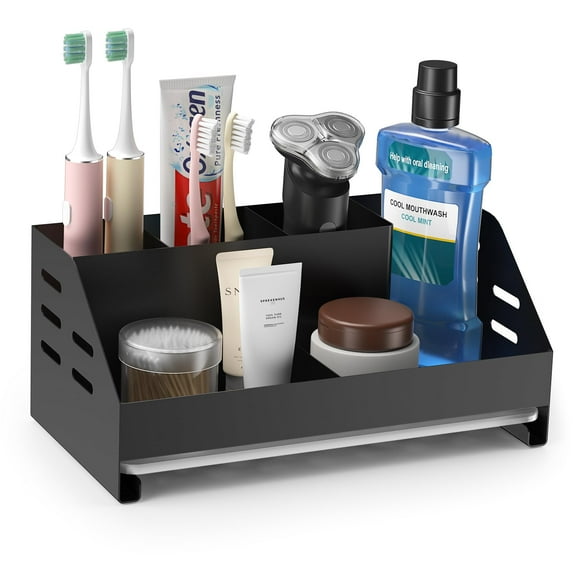 Toothbrush Holders, Bathrooms Countertop Storage Organizer, 5 Compartments with Drain Tray, Bathroom Accessories Organization, Electric Toothbrush Toothpaste Razor Storage Holder (Black)