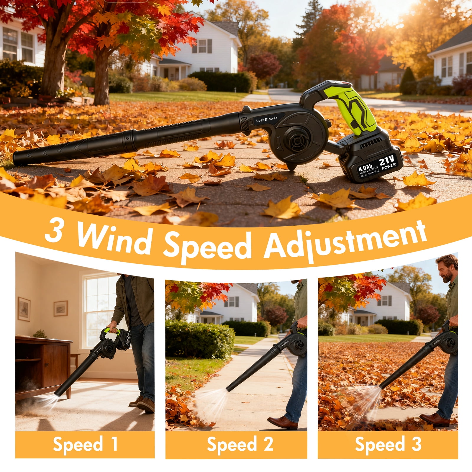 BAOKALER 21V 300CFM Leaf Blower, 2-in-1 Handheld Electric Vacuum with 4AH Battery, 3 Speed Modes and LED Display