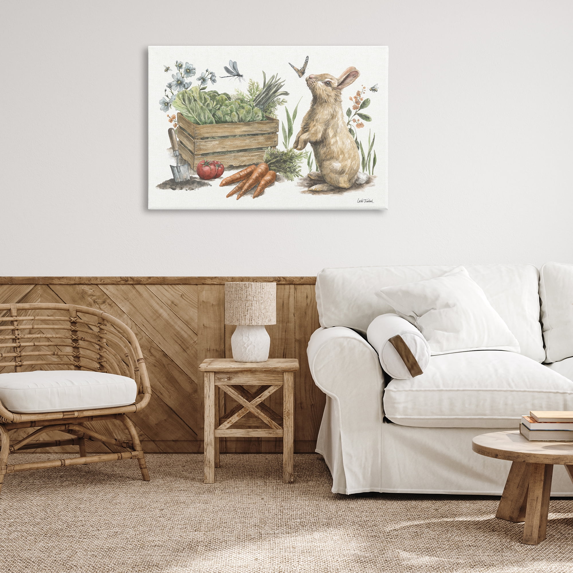 Stupell Industries Gardening Bunny Scene Botanical & Floral Painting Gallery Wrapped Canvas Art Print Wall Art, 36 x 24