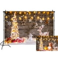 thumbnail image 1 of Fondo navideño de vinilo de 8 x 6 pies con pared de madera rústica y purpurina dorada para fotografía, árbol de Navidad, alce, decoración para fiestas familiares., 1 of 6