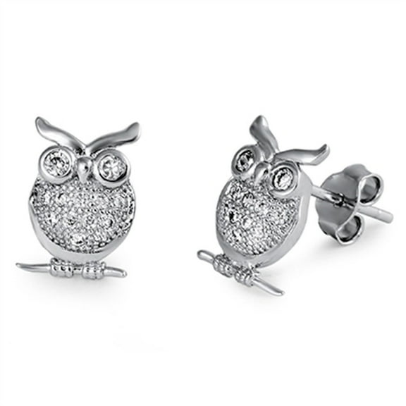 Owl Earrings Clear Cubic Zirconia .925 Sterling Silver Jewelry Female Unisex
