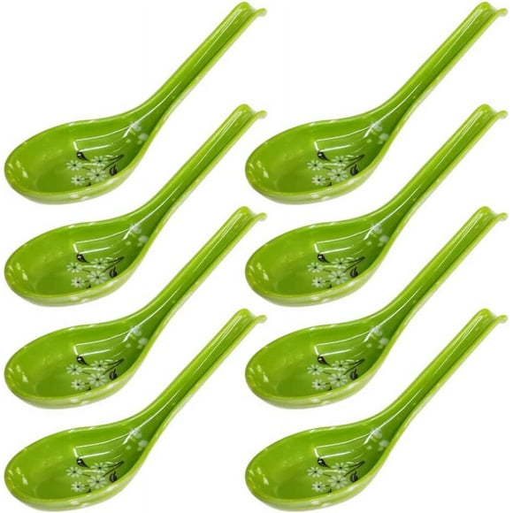 ShenMo Soup Spoons, 8 Japanese Style Melamine Rice Spoons with Hook, Asian Chinese Soup Spoons with Long Handle for Restaurants, Food Stores, Catering Rooms (Green)