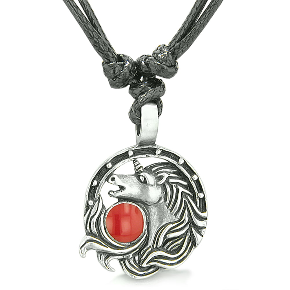 Unicorn Amulet Lucky Charm Horse Shoe Magic Cherry Red Circle Pendant 22 Inch Necklace 