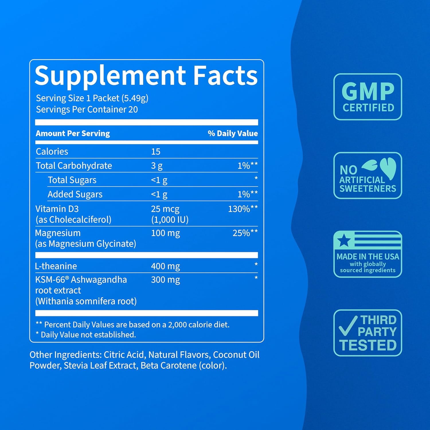 Nello Supercalm Drink Mix - Ashwagandha KSM 66, Magnesium Glycinate & L-Theanine Supplement - Ashwagandha Root Extract - Focus and Relaxation Support (20 Travel Packets) - Passion Colada