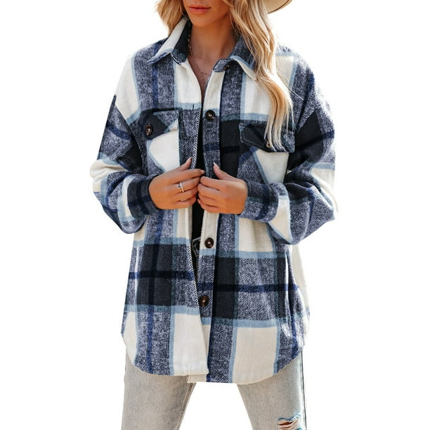 Womens Flannel Shacket Jacket Casual Plaid Wool Blend Button Down Long ...