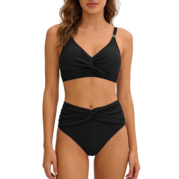Womens High Waisted Bikini Set Twist Front Two Piece Swimsuit Tummy Control Black S-XXL Beach Vacation,Size 2XL