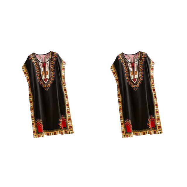 Wweixi Robe de Plage Mode Femme Vacances Boho Élégante Robe Ethnique Tunique Ample Noire 2Set