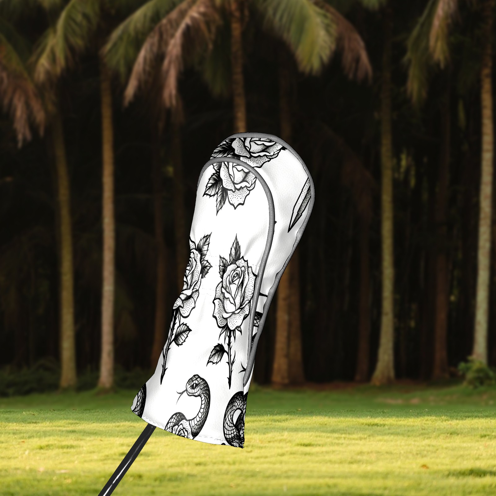 Golf Club Covers, BlackWhite RoseDagger Premium PU Leather Driver Hybrid Putter Head Covers with Velvet Lining, Waterproof Golf Gifts for Men Women