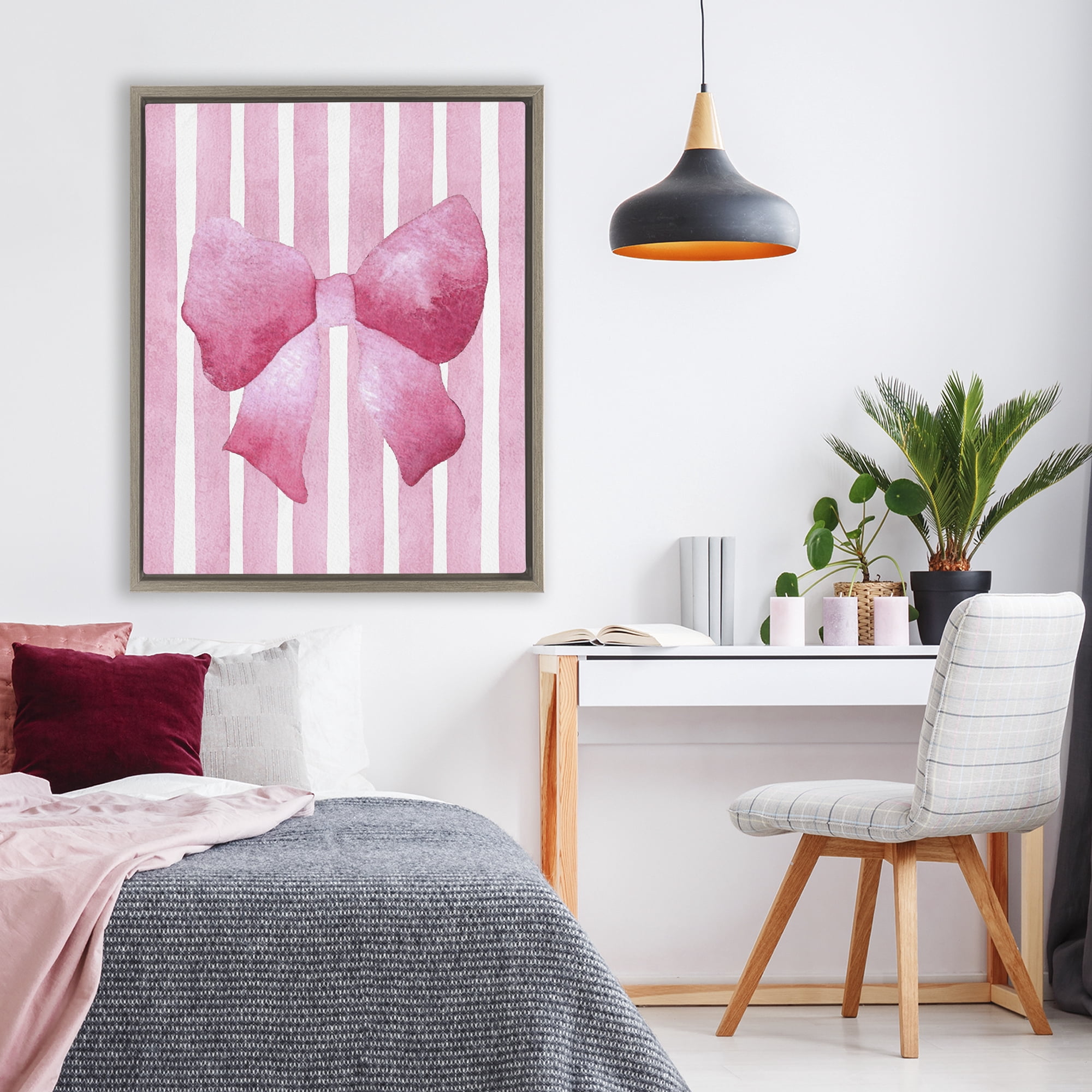 Stupell Industries Chic Bow on Pink Stripes Brown Framed Floater Canvas Wall Art, design by Camila Juncos