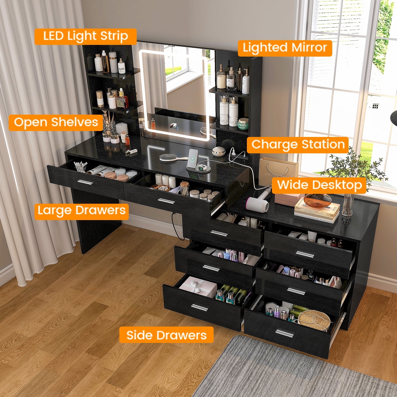 39.4”Makeup Vanity Set with LED Light Mirror & Power Outlet, 8 Drawers, 3 Color Modes & Adjustable Brightness, Corner Vanity, L Shape Change, Black