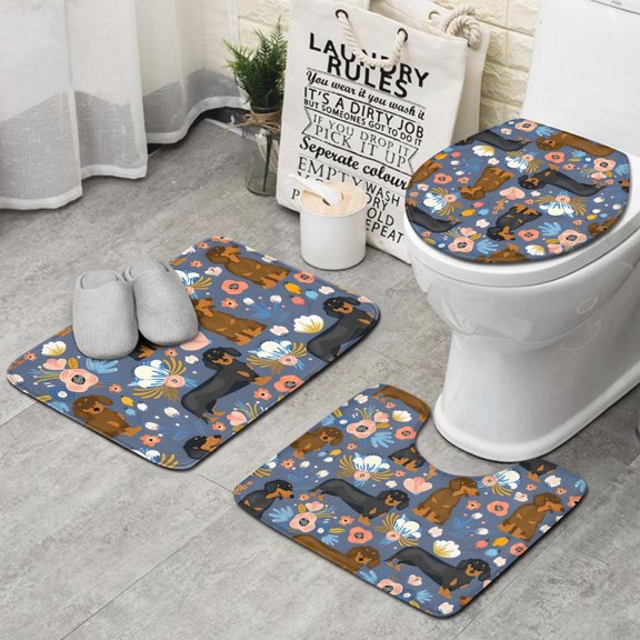 Dachshund and Flower Bathroom Rugs Sets 3 Piece,Toilet Cover Set,Absorbent Non Slip Bathroom Mats Sets with U-Shaped Contour Rug Toilet Rug Set