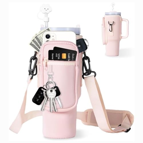 Cysiyu Water Bottle Carrier Bag with Phone Pocket for Stanley 40oz Tumbler Neoprene Water Bottle Holder Pouch with Adjustable Strap Bollus with Straw Cover & Carabiner for Stanley Cup Accessories