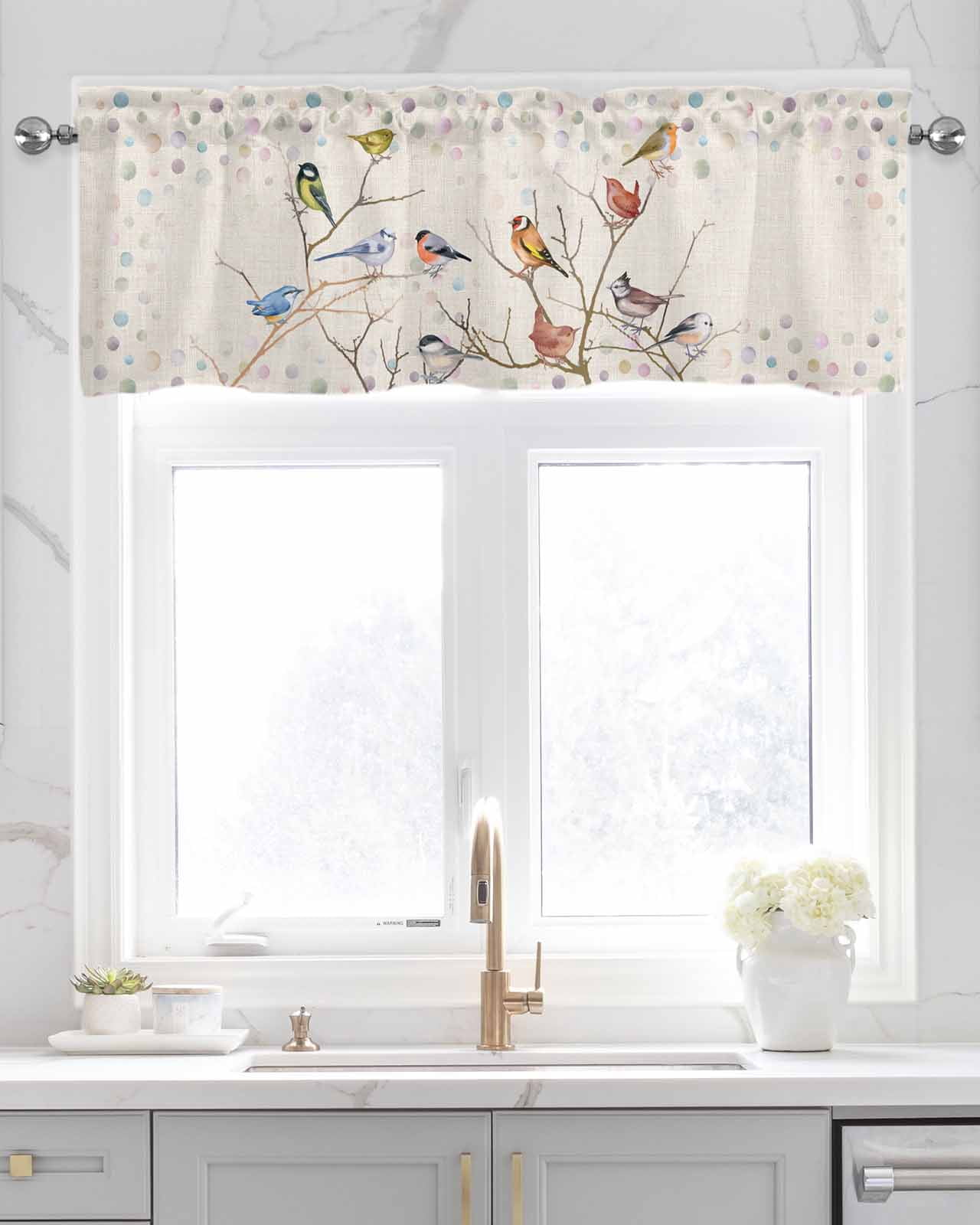 Birds Beige Linen Curtain Valance for Bedroom/Bathroom/Kitchen/Office/Living/Dining Room Window,Boho Vintage Tree Branch Bohemia Ombre Dots Pocket Topper Drapes Decorative Cafe Drapery Panel 42"x18"
