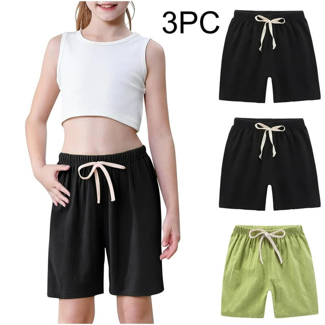 Odeerbi 2-10 Años Niños Niñas 3 Pcs Verano Algodón Lino Pantalones Cortos Entrenamiento Deportivos Cortos Lindo Color Sólido Pantalones Cortos Suaves Respirables