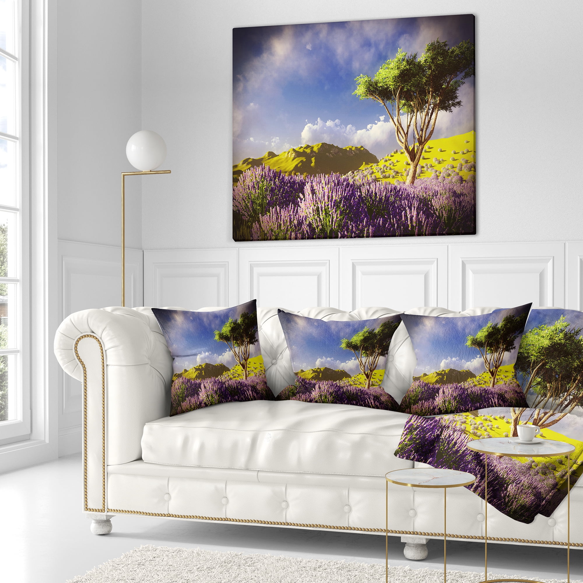 Designart Bright Lavender Garden Field - Modern Landscape Printed Throw Pillow - 16x16