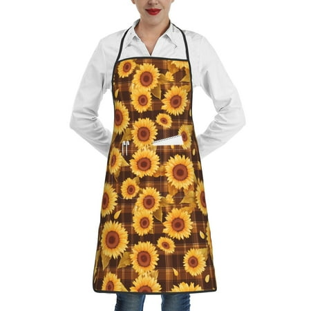 

Qekee Vintage Brown Plaid Sunflower Print Adjustable Bib Apron Resistant with Pocket Cooking Kitchen Aprons for Women Men Server Chef Apron