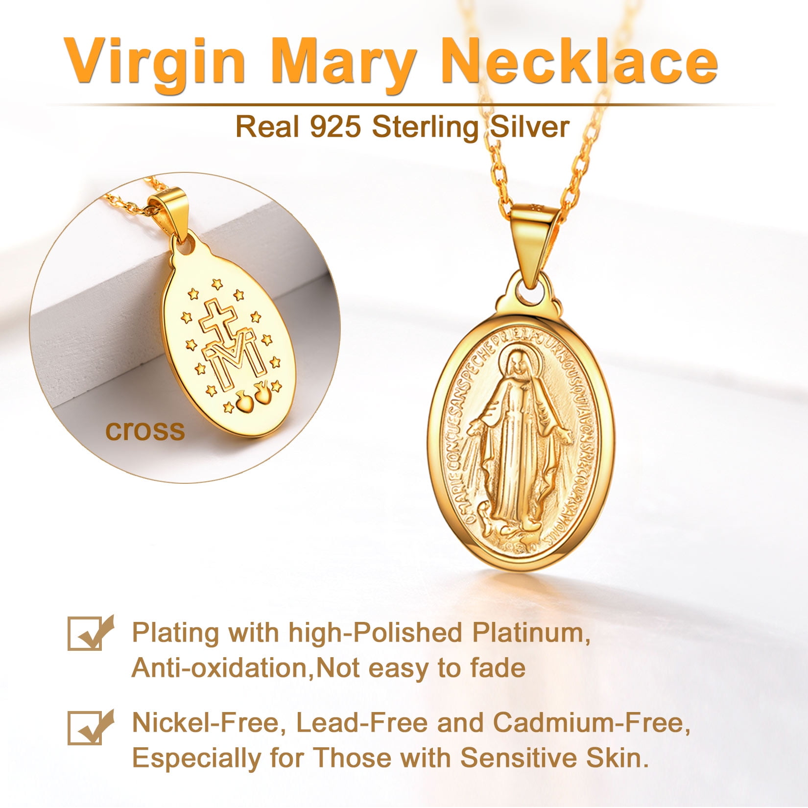 U7 Sterling Silver Virgin Mary Oval Pendant for Women Necklace Catholic Christian Cross 14K Yellow Gold Plated Chains