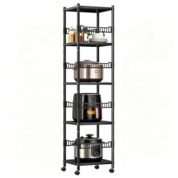 5-Tier Adjustable Metal Storage Rack with Locking Wheels, Heavy Duty 200kg Capacity, Reinforced Triangle Structure, Versatile Shelving for Kitchen, Bedroom & Garage
